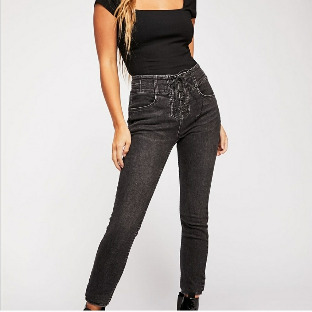 Free People CRVY Lace Up Black Skinny Jeans - 28